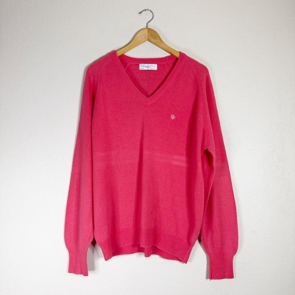 CHRISTIAN DIOR vintage salmon pink v-neck long sleeve sweater LARGE